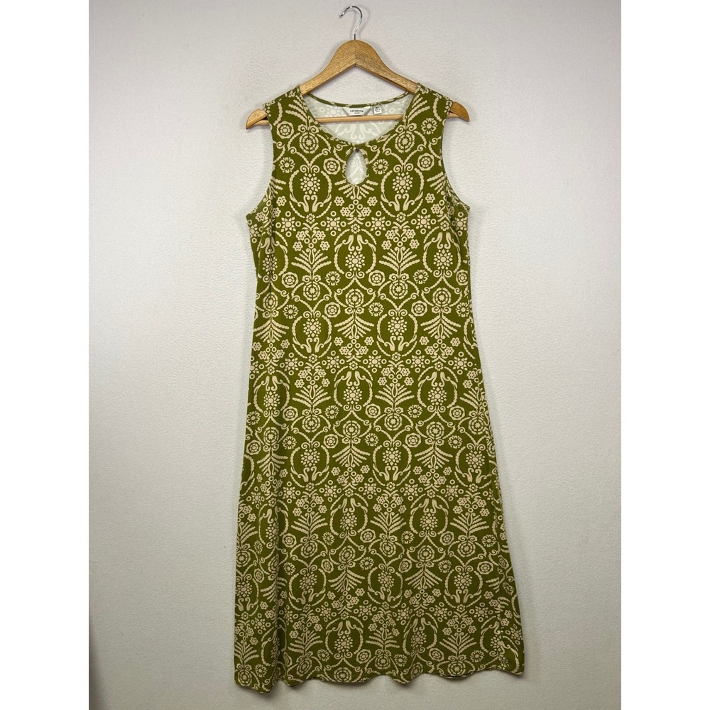 Boho Mod Liz Claiborne Women MP Olive Green Damask Keyhole Sleeveless Midi Dress